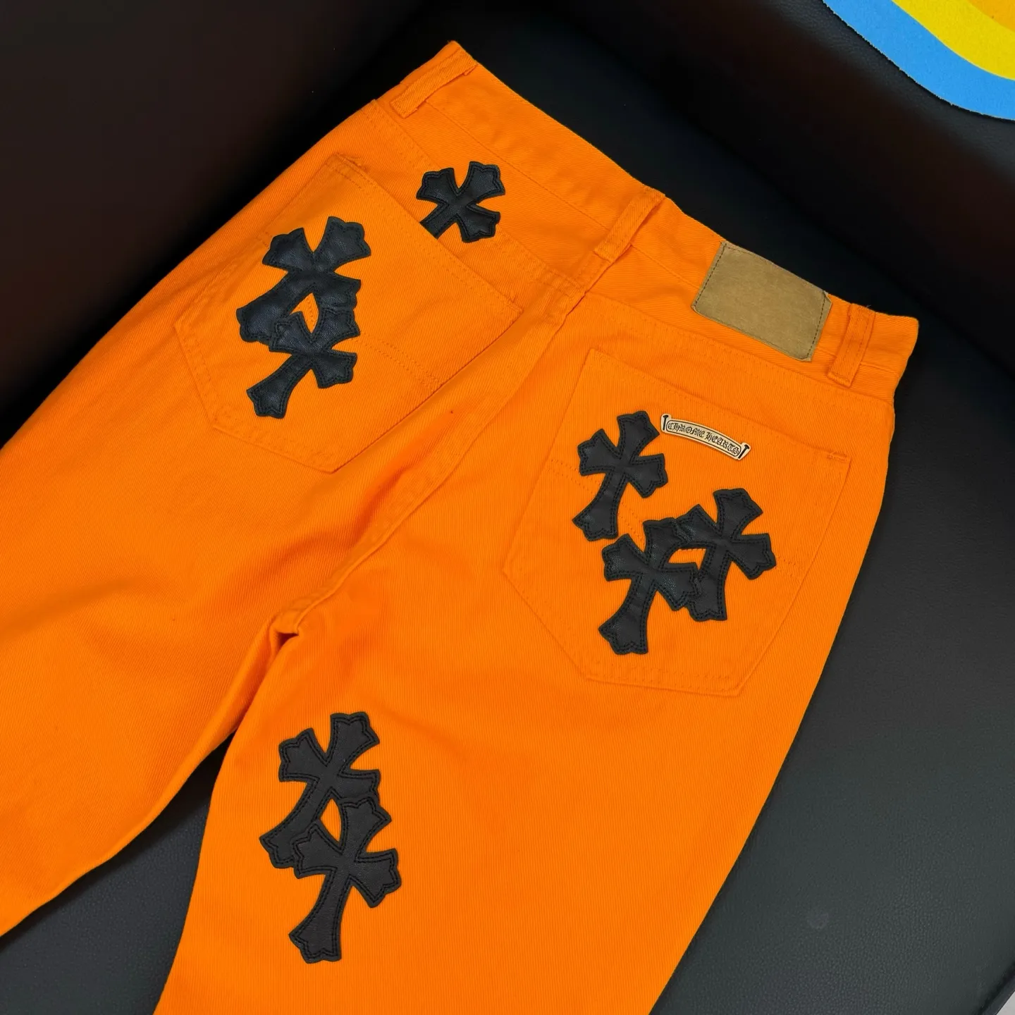 P240 Style No.: D263 🔥Chrome Hearts Orange Limited Edition Leather Jeans Size# (28 30 32 34) Size reference: 28 pants length 101 waist 78 30 pants length 103 waist 82 32 pants length 105 waist 86 34 pants length 106 waist 90